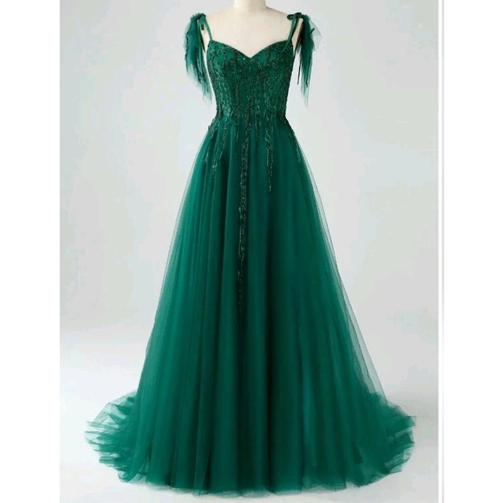 Zapaka A-Line Tulle Dress Women Sz M Green Prom Wedding Whimsical Fairy